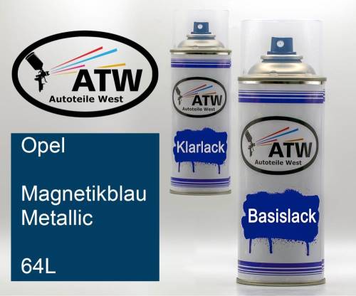 Opel, Magnetikblau Metallic, 64L: 400ml Sprühdose + 400ml Klarlack - Set, von ATW Autoteile West.